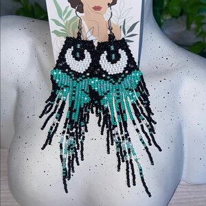 Green and Black Dramatic Fringe Earrings